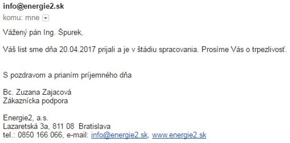 Odpoveď na mail, v ktorom žiadam o vyjadrenie. Mail z 25.4.2017