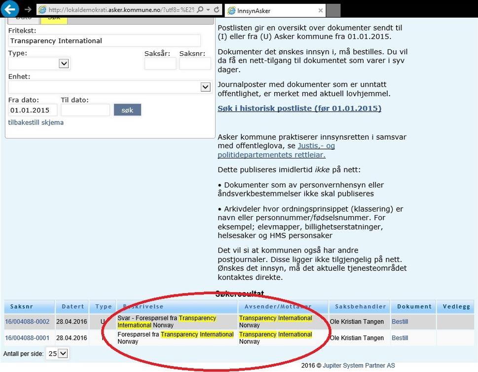 Na internetovej stránke nórskeho mesta Asker sú dostupné aj záznamy o komunikácii medzi radnicou a predstaviteľmi Transparency International o návšteve zo Slovenska.