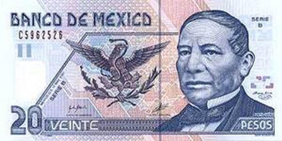 Bankovka 20 pesos, aktuálne v obehu.