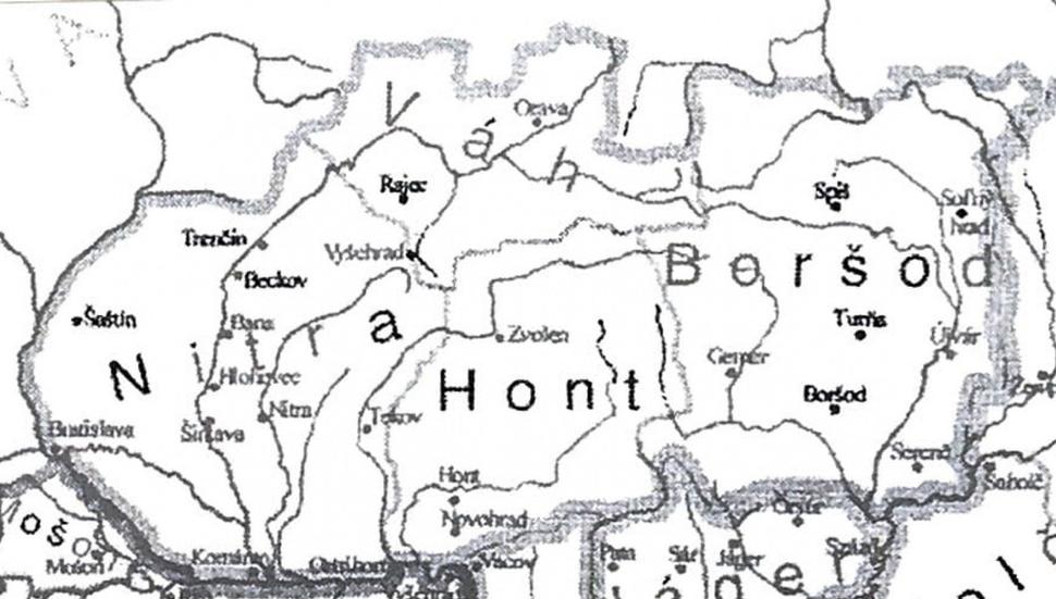 Nitrianske kniežatstvo v 10. storočí. Vidíme 4 menšie kniežatstvá: Nitra, Hont, Váh a Boršod.