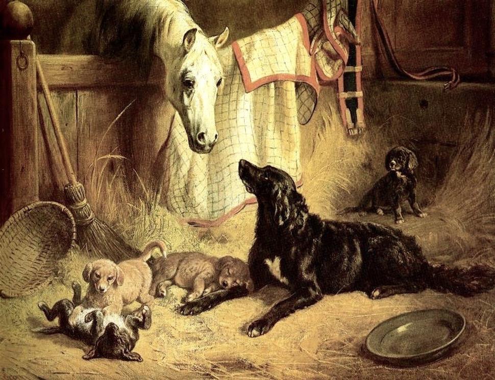 • Benno Adam: Psia rodinka s koňom (olej na plátne, 1863). Čierny psík je hovawart. •