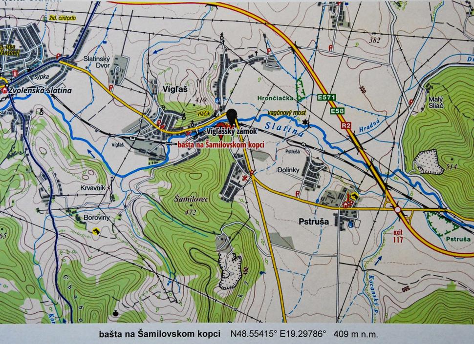 Zakonzervované zvyšky vežovej stavby sa nachádzajú južne od zámku v lesnom poraste. Od hlavného vstupu do zámku treba nájsť chodníček (neoznačené) do lesa a po pár desiatkach metrov prídeme na lesnú čistinu v lokalite Bašta s miestom na opekanie.