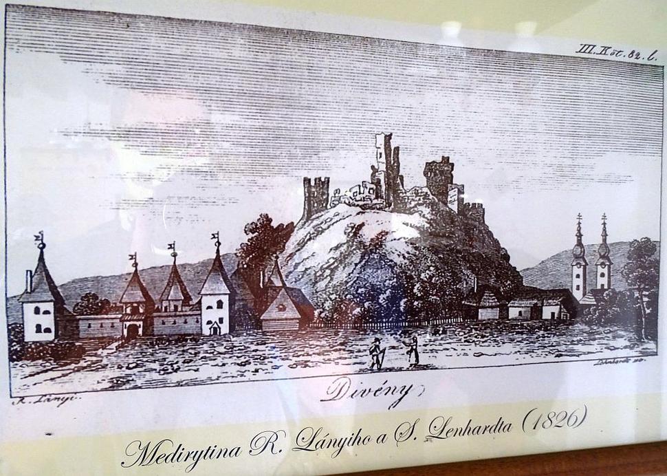 Divín - 1826, medirytina R. Lányi a S. Lenhardt. Prvá zmienka o hrade Dyun je z roku 1329.