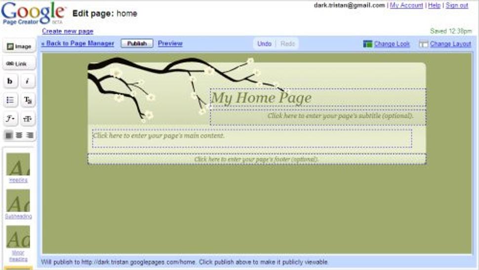 Screenshot z Google Page Creator