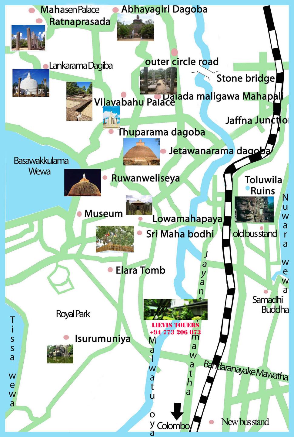 Mapa starovekého mesta Anuradhapura s vyznačenými pamiatkami