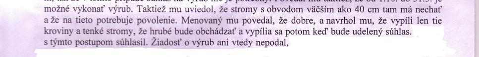 Časť Uznesenia, kde Marek T. bol jasne upozornený pracovníkom úradu na nutnosť povolenia na výrub