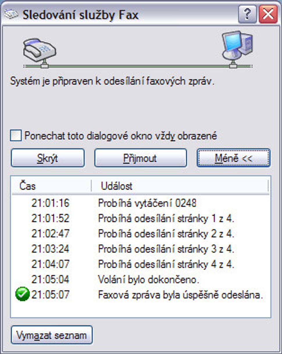 Okno s priebehom faxovania