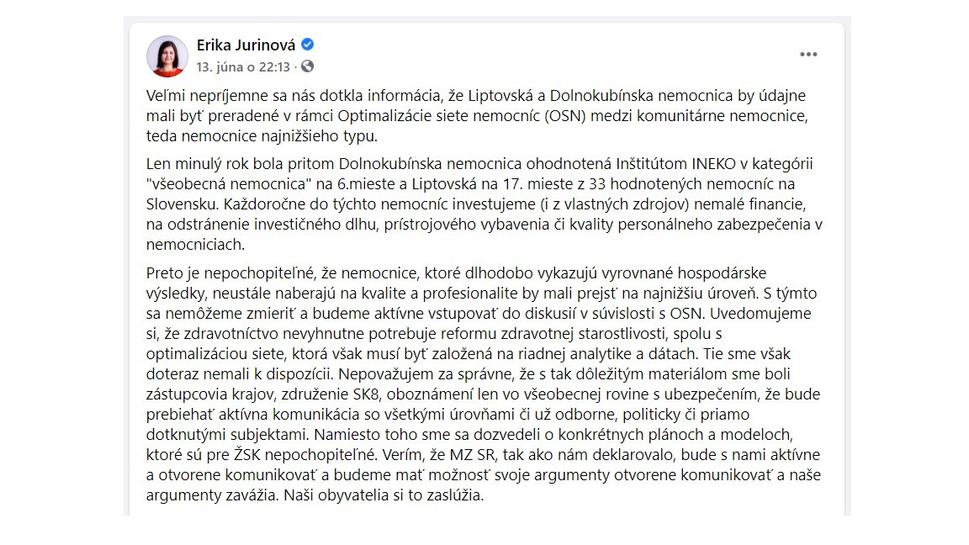 Status Eriky Jurinovej, predsedníčky Žilinského samosprávneho kraja (OĽANO)