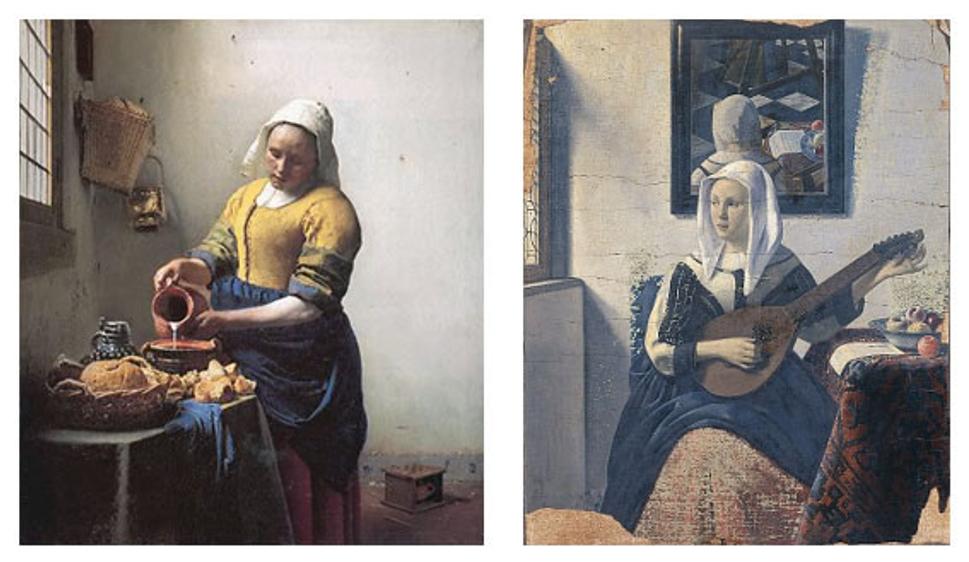 Vľavo dielo Jana Vermeera „Mliekárka“ (1658 – 1660), vpravo Han van Meegeren a jeho „Lady playing music" (1935 – 1936). Obe diela sú dnes v Rijksmuseum v Amsterdame.