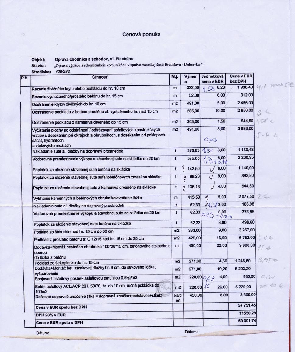 Cenová ponuka od Pittel&Brauswetter s poznámkami od známeho, ktorý pracoval v developerskej spoločnosti a naznačoval, že zákazka je predražená.