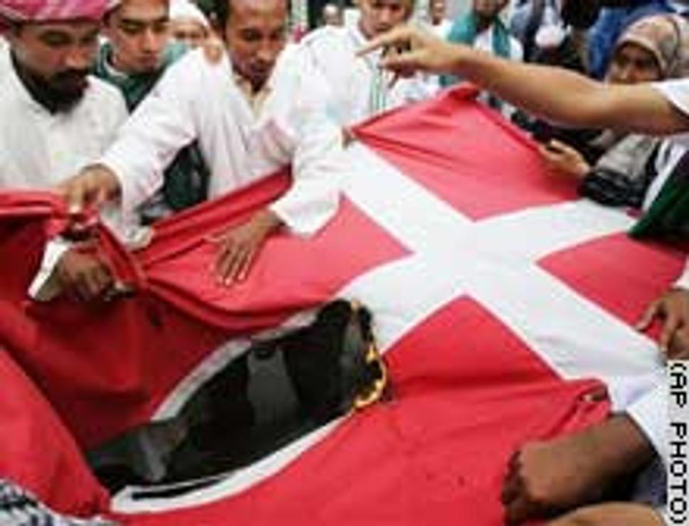 protestné zhromaždenie páli dánsku vlajku (jeden z miernejších protestov)
