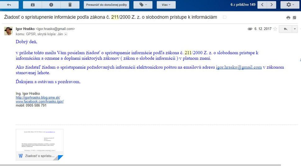 Mail so žiadosťou na Generálnu prokuratúru.