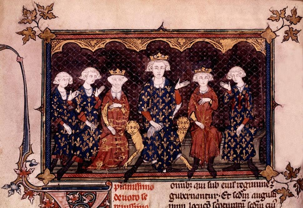 Francúzska kráľovská rodina. Na tróne sedí Filip IV. Pekný. Je v spoločnosti svojich troch synov - Ľudovíta X. Hašterivca, Filipa V. Dlhého a Karola IV. Pekného, ktorými vymrela priama línia Kapetovcov, dcéry Izabely a brata Karola, grófa z Valois