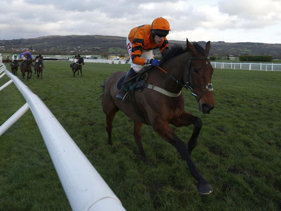 Thistlecrack, víťaz World Hurdle na 3 míle. Celkom jasne vidieť jeho náskok v cieľovom stúpaní.