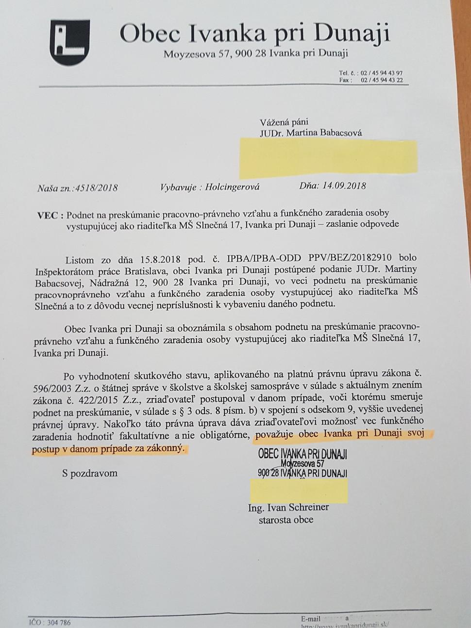 Odpoveď starostu obce Ivanka pri Dunaji - Ivana Schreinera
