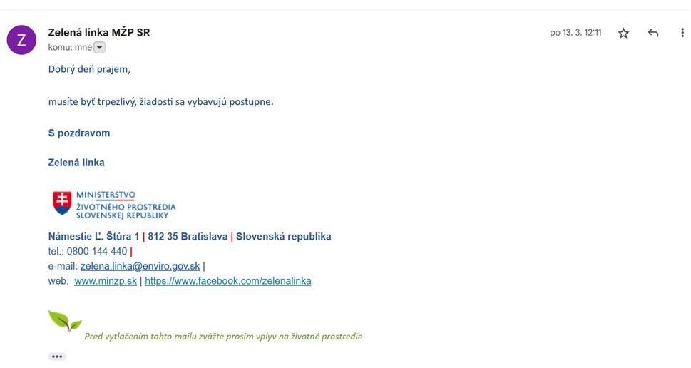 E-mail Zelená Linka MŽP SR