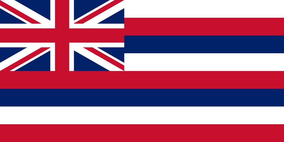 Vlajka štátu Hawaiʻi. Vlajka, prijatá za Kamehamehu I., spája motívy americkej aj britskej zástavy na znak priateľstva s oboma mocnosťami. Osem pruhov predstavuje osem hlavných havajských ostrovov. Zdroj: https://en.wikipedia.org/wiki/Hawaii#/media/File:Flag_of_Hawaii.svg. Licencia: Public domain.