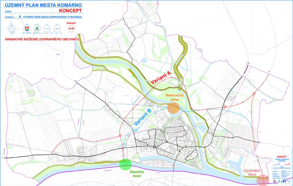 Územný plán mesta Komárno - Koncept - 2016 (Variantné trasovanie obchvatu)