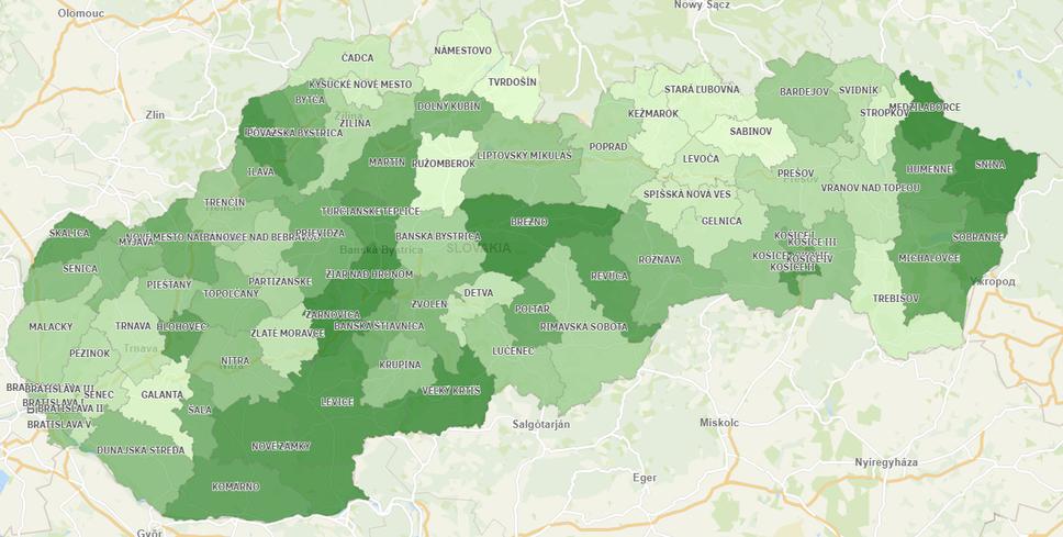 3. Výber poistného po prerozdelení so zohľadnením chorobnosti obyvateľstva. Čím tmavší farebný odtieň, tým je hodnota vyššia.