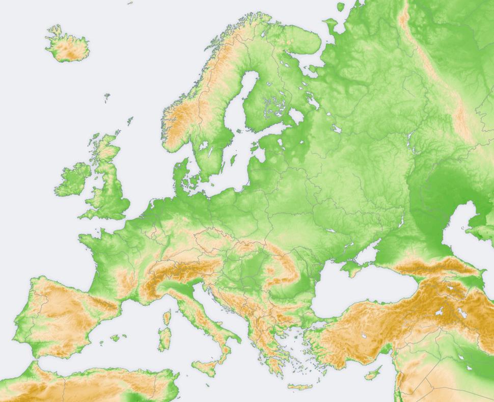 Európske pohoria. Na mape je dobre rozpoznateľný Karpatský oblúk tiahnuci sa od rakúsko-slovenskej hranice až do Srbska. Je to zdroj krásnych prírodných scenérií, ale tiež vplyvný faktor v geopolitike a vojenskej stratégii.