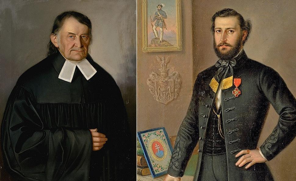 Samuel Reuss (vľavo) začal zoširoka zbierať slovenské rozprávky ako prvý. Ján Francisci (vpravo) sa ním r. 1842 inšpiroval a zorganizoval rozsiahle zapisovanie rozprávok desiatkami nadšencov. Autorom oboch obrazov je Peter Bohúň, vlastní ich SNG.