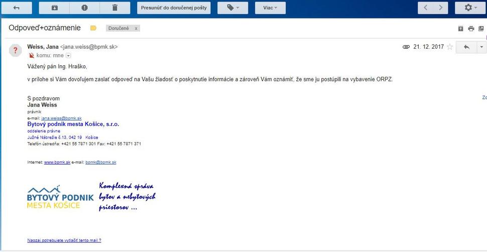 Mail od BPMK zo stanoviskom