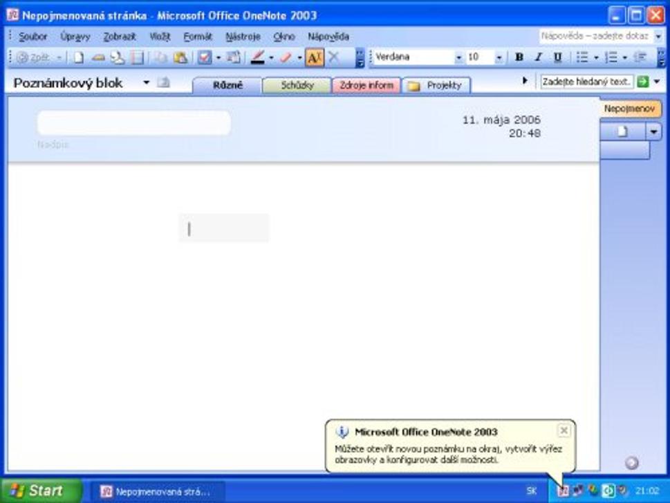 Prostredie programu MS OneNote 2003
