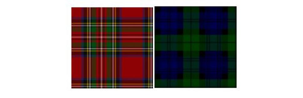 Dva druhy registrovaných tartanov: vľavo Royal Steward Tartan, vpravo Black Watch Tartan