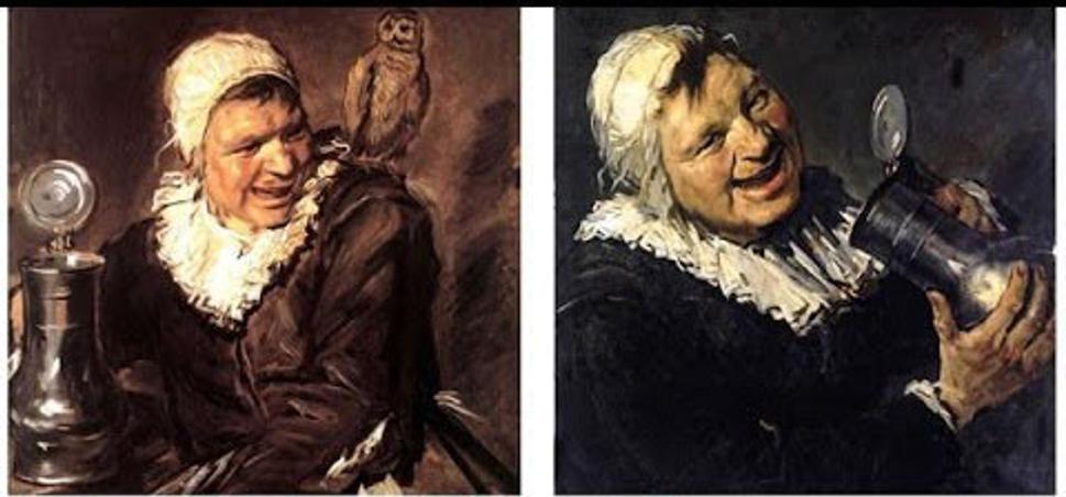 Jeden z falzifikátov: vľavo originál Frans Hals „Malle Babbe“ (1633), vpravo van Meegerenova interpretácia