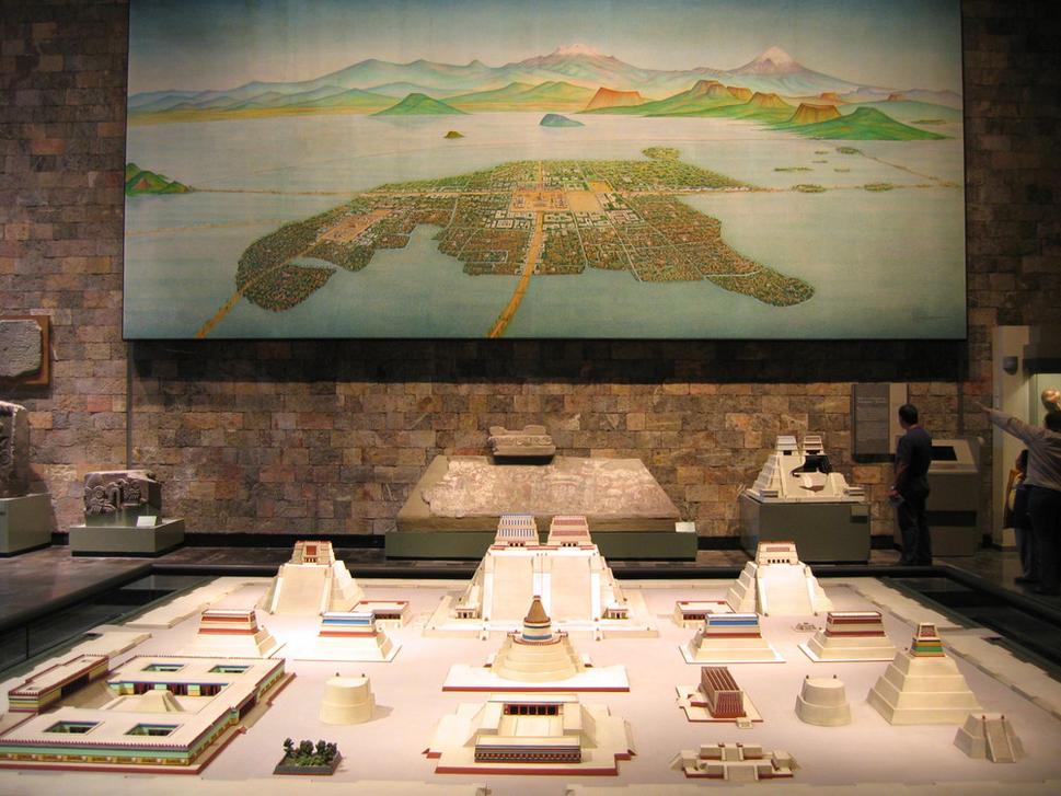 Obraz Tenochtitlanu a model Veľkého chrámu (Templo Mayor)