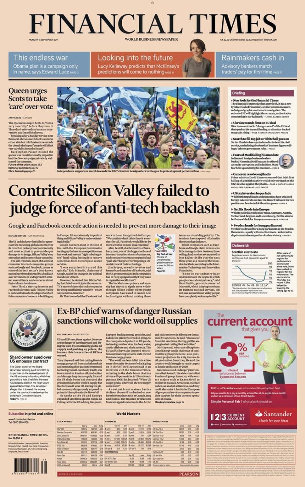 Titulka redizajnovaného vydania denníka Financial Times (pondelok 15.9.2014)