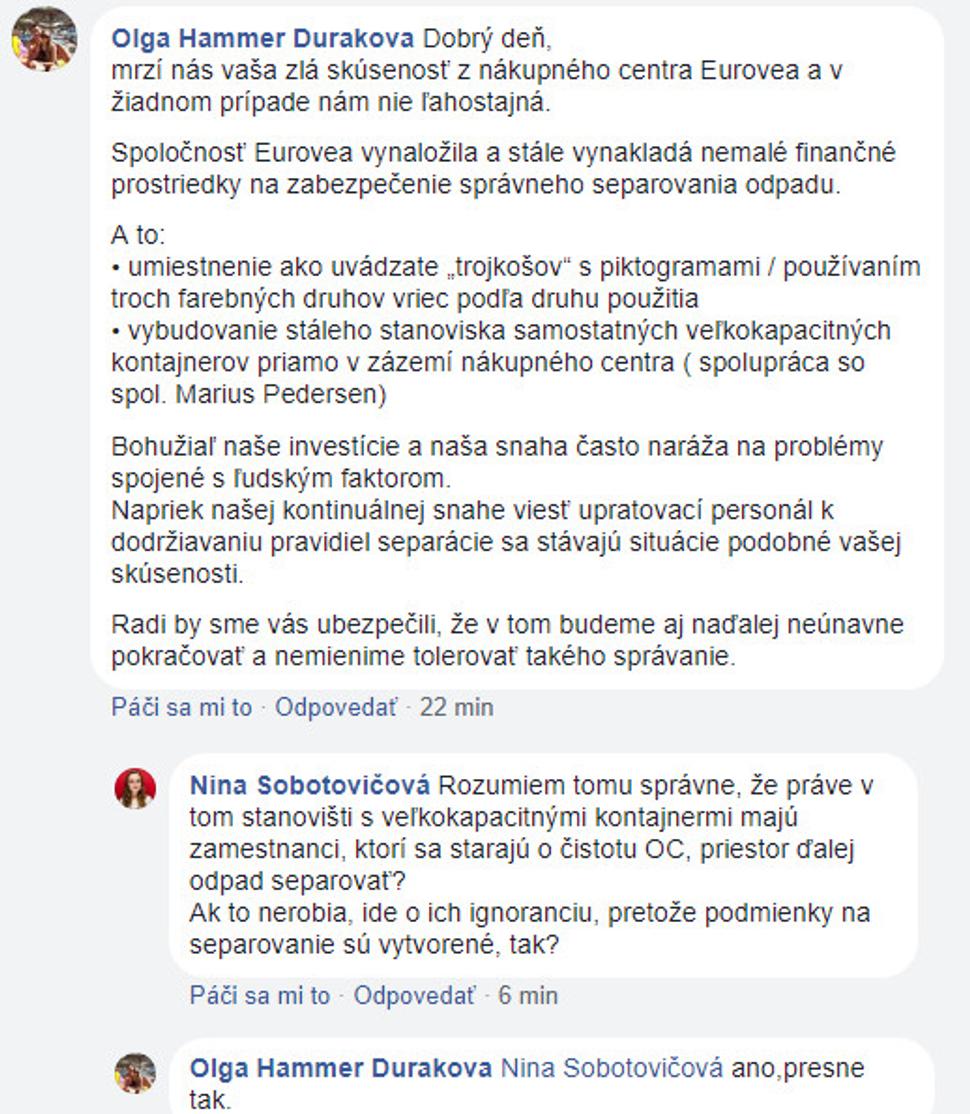 Celé znenie stanoviska PR manažérky OC Eurovea, ktorá reagovala na status uverejnený na mojom facebookovom profile.