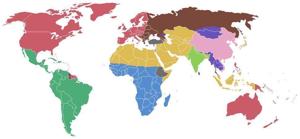 Červená je západná civilizácia, hnedá pravoslávna civilizácia, zelená latinskoamerická civilizácia, žltá islamská civilizácia, modrá subsaharská Afrika, fialová budhistická civilizácia, ružová čínska civilizácia, svetlo zelena hinduistická civilizácia, béžová japonská civilizácia a tmavo sivé sú takzvané „osamelé štáty“ (lone states) – Turecko, Izrael a Etiópia