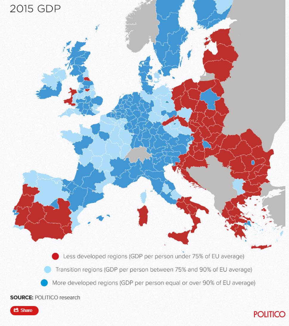 Regionálne nerovnosti v EÚ - všetky slovenské regióny okrem Bratislavy patria k