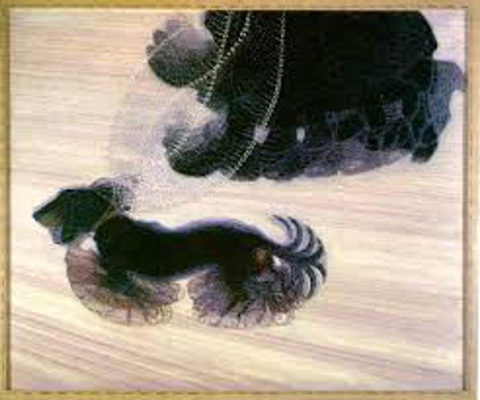 • Giacomo Balla: Rozbehnutý psík na remienku (kresba, 1912). •