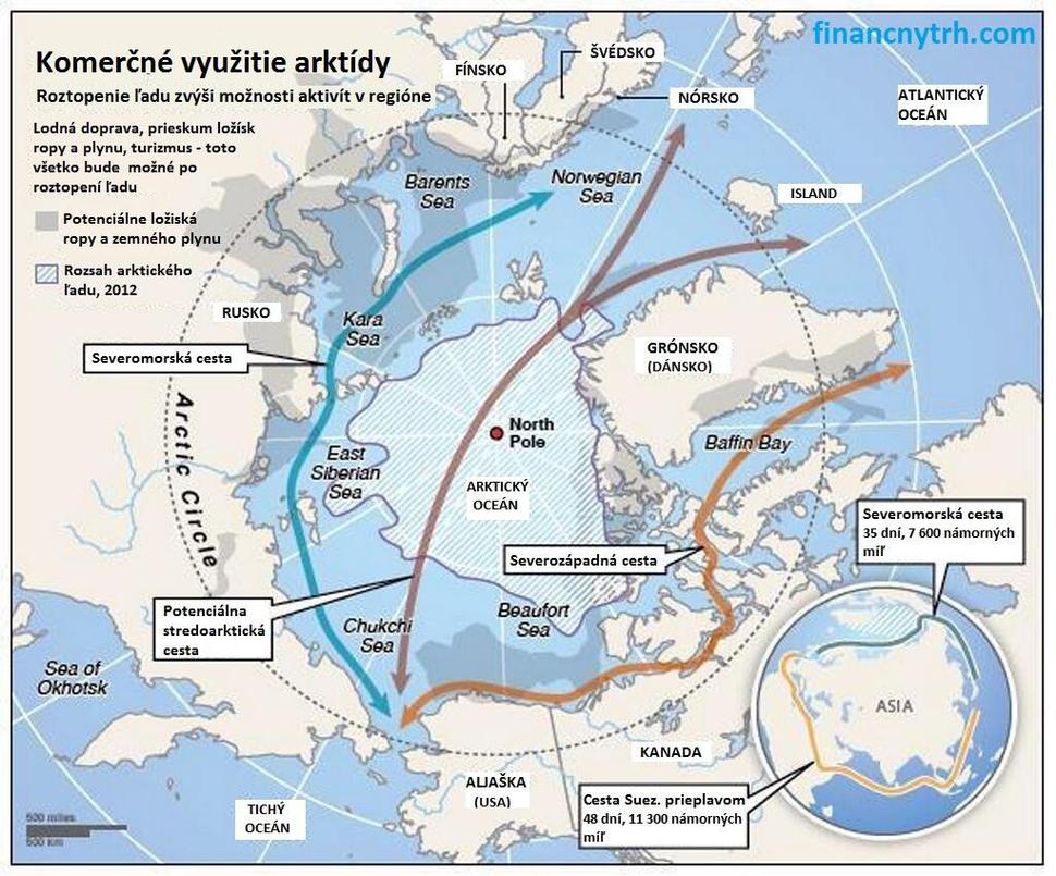 Komerčné využitie Arktídy po roztopení ľadu a potencionálne ložiská ropy a zemného plynu