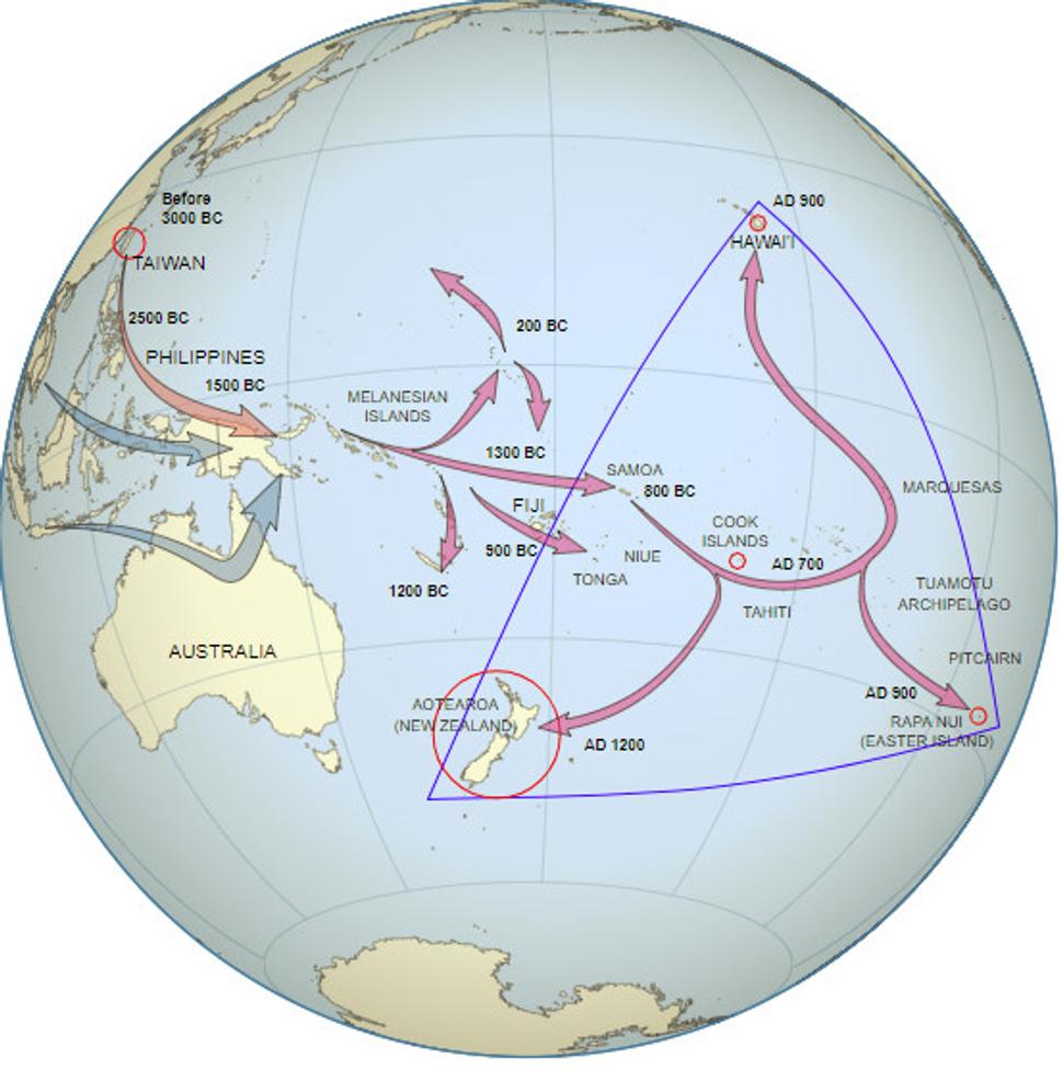Putovanie Polynézanov z ostrova Taiwan až na Havajské ostrovy. Autor: David Eccles. Zdroj: https://en.wikipedia.org/wiki/Polynesians%23/media/File:Polynesian_Migration.svg&sa=D&ust=1543490212479000. Licencia: CC BY 4.0.