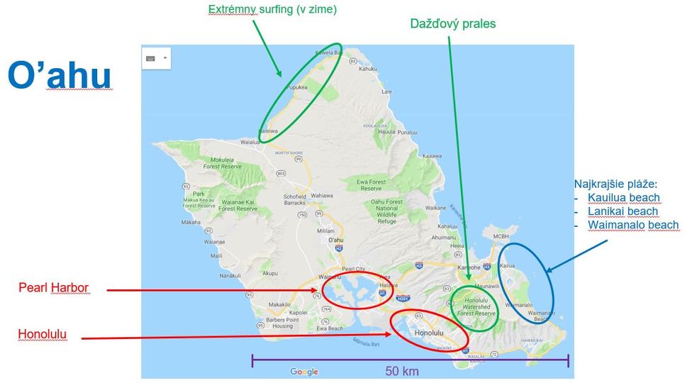 Mapa ostrova Oʻahu. Zdroj: Google Maps, licencia: Google Maps Terms of Service, obrázok doplnený o anotácie.