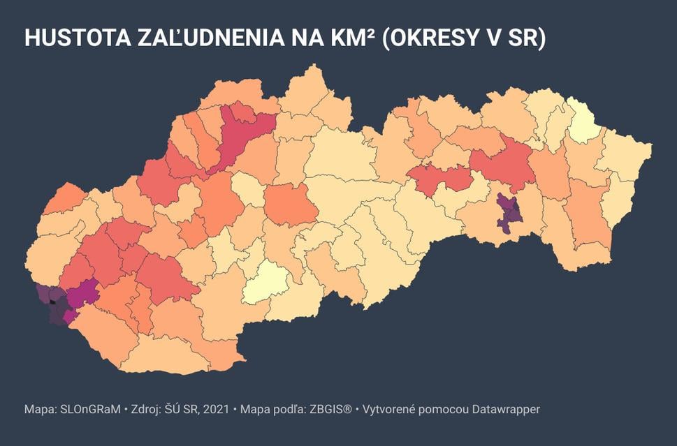 Hustota zaľudnenia v okresoch SR. Po kliknutí na obrázok interaktívna mapa.