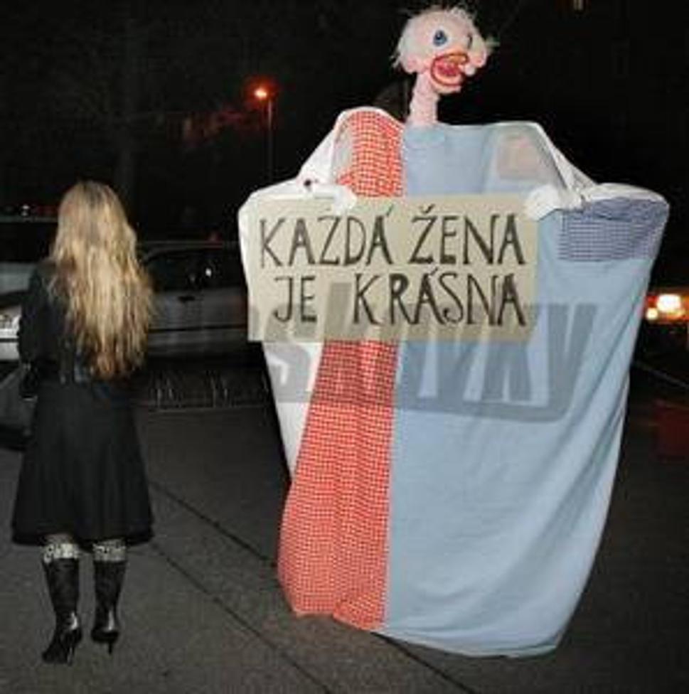 Plachta na proteste proti degradácii žien na Miss Universe Slovenskej republiky 2008 pred Národným tenisovým centrom v Bratislave