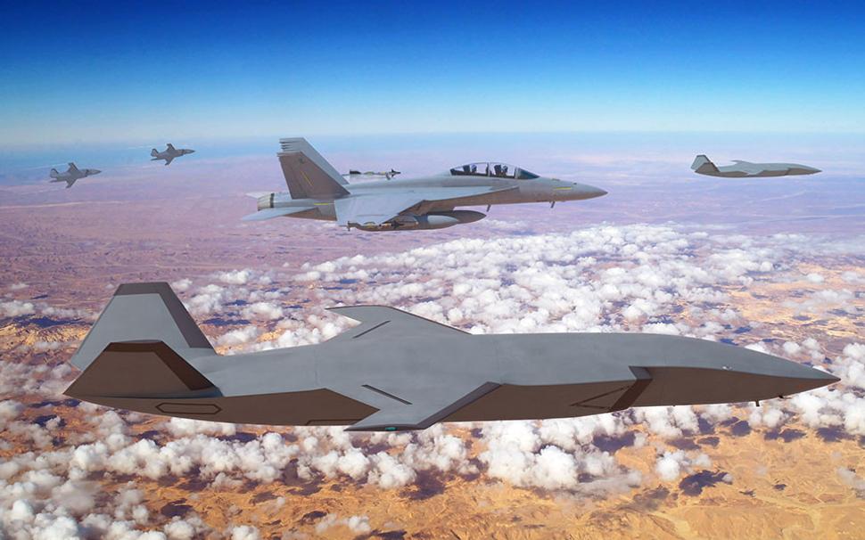 Vizualizácia bezpilotnej stíhačky Boeing MQ-28 Ghost Bat (známy aj ako Loyal Wingman) so stíhačkou F-18 Super Hornet.
