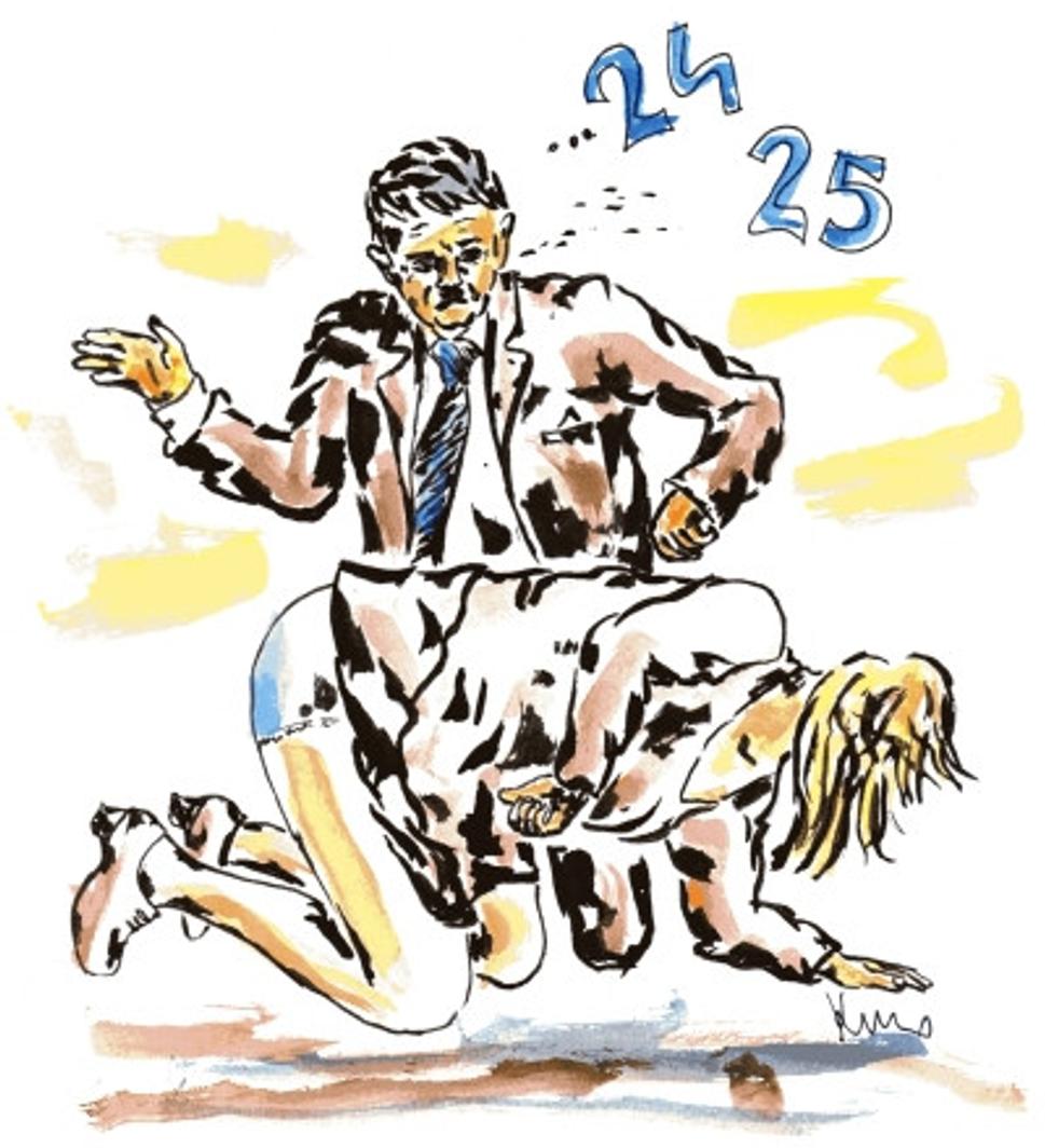 Kreslený vtip. Dzurinda prehol cez koleno nejakú blondínku a cápe jej rukou na zadok. Ešte si pri tom aj počíta 24 ... 25.