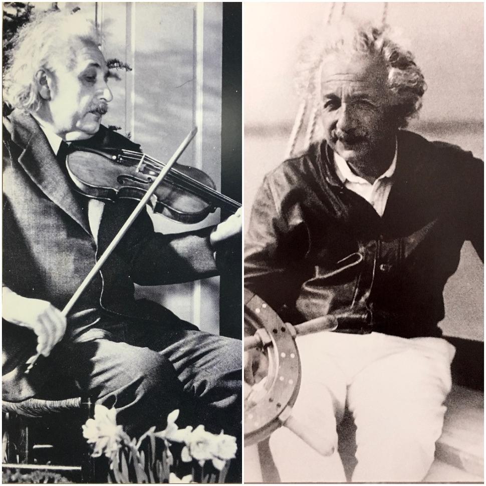 Albert Einstein pri svojich najobľúbenejších aktivitách - hre na husliach a plavbe na plachetnici.
